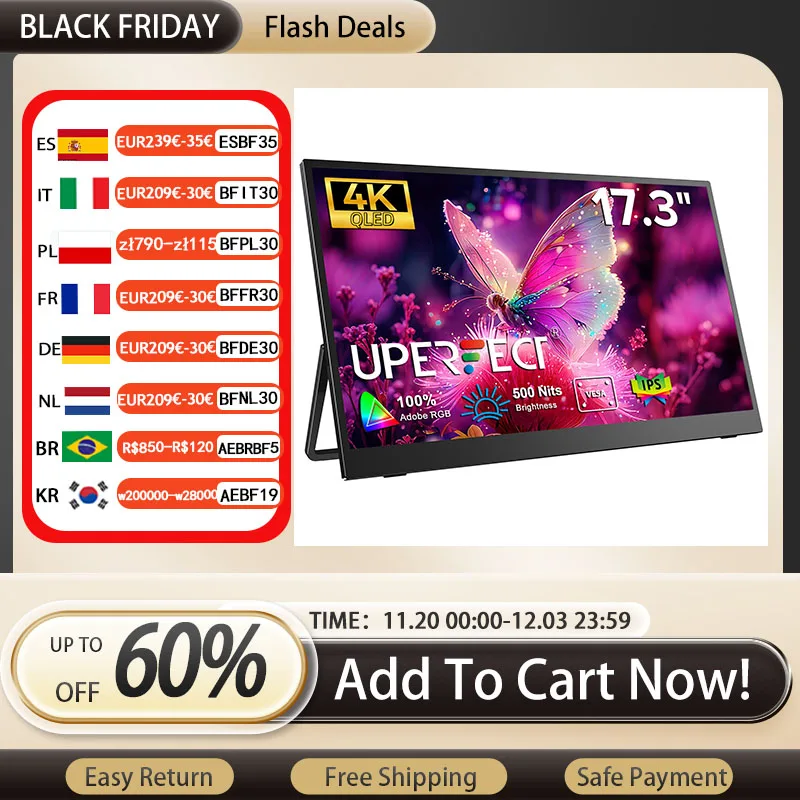 

UPERFECT 17.3"4K Portable Monitor 500 Nits 100% AdobeRGB UHD FreeSync HDR IPS Display 2 Speakers Travel Screen For Laptop Tablet