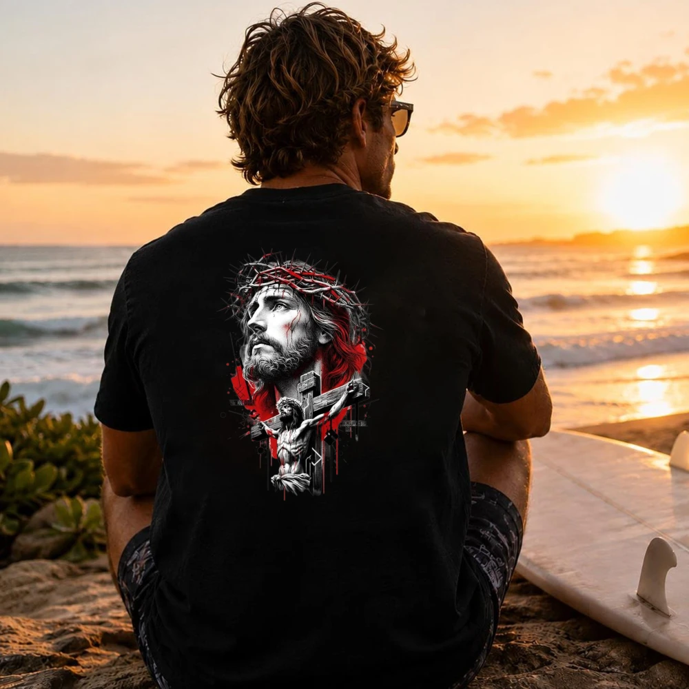 Religious Jesus Crown of Thorns Cross Art Back Printed T Shirt Men Women Cotton Crew Neck Short Sleeve Loose Faith Casual Tops
