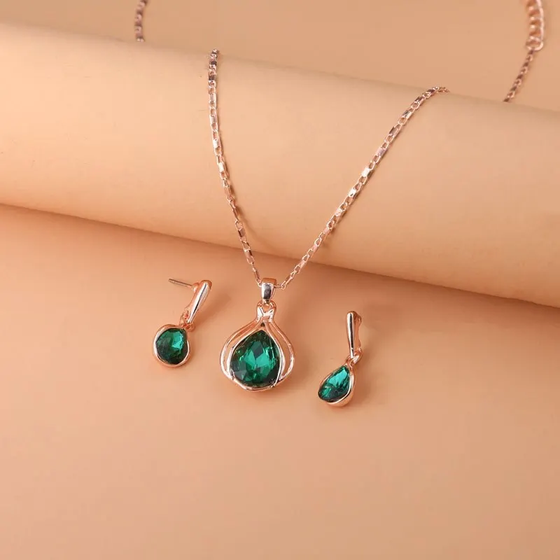 3PCS Rose Gold-color Necklace Earrings Green Crystal Glass Alloy Pendant Simple Fashion Style Jewelry Set