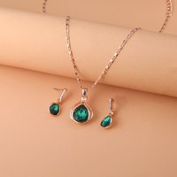 3PCS Rose Gold-color Necklace Earrings Green Crystal Glass Alloy Pendant Simple Fashion Style Jewelry Set