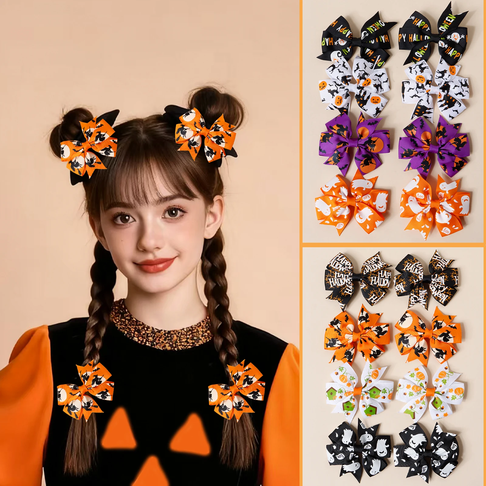 

2/8pcs Bow Ribbon Halloween Hairpin Cartoon Pumpkin Clip Horror Ghost Decoration Barrette Party Hair Accessories For Kids Girls