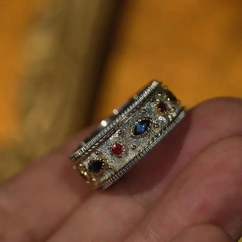 

High Quality Light Luxury Palace Style Rings for Women Exquisite Silver Inlaid Red and Blue Crystal Engagement Ring Fine Jewelry