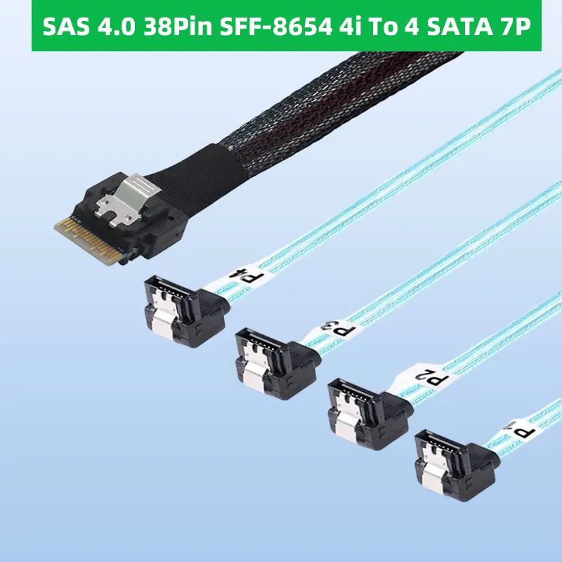 ADT-Link PCIE Slimline SAS 4.0 38Pin SFF-8654 4i To 4 SATA 7P Female 90 Degrees Adapter Cable High-speed Length Optional 0.5M 1M