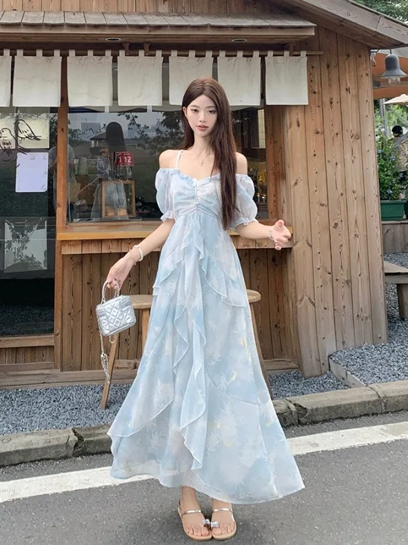 

plus Size Women's Summer New Style Bubble Sleeve Draped Hem Long Dress Slim Fit High Waist Korean Style A-Line Dress