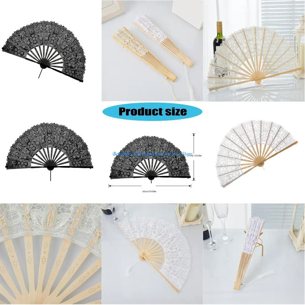 E56A مروحة دانتيل ملحقات حفل الزفاف عروض الرقص الأساسية المجوفة التطريز المحمولة مروحة لاستحمام الزفاف