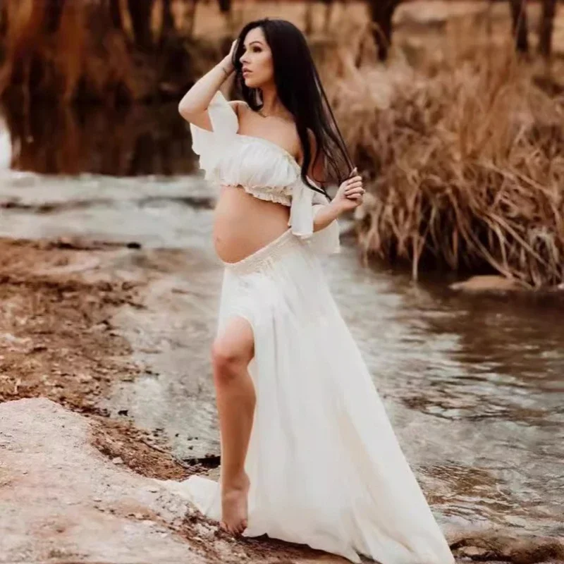 White Maternity Dress Set Pearl Chiffon One-neck Photography Gown for Expectant Mothers Baby Photo Shoot Maternitywear