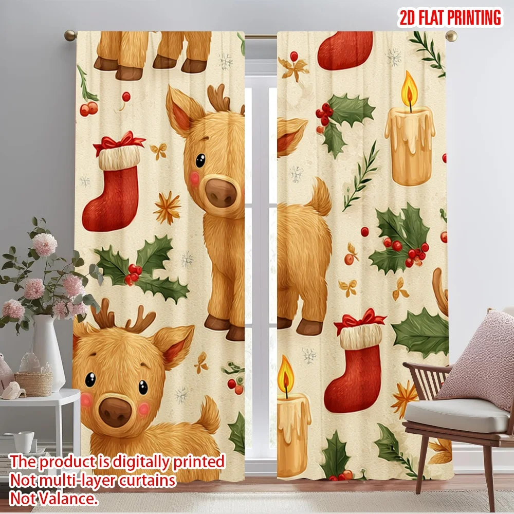 

2pcs 2D flat printing Curtains Cute Reindeer Christmas Stocking Candle Fabric Without Electricity Festive Wall Decor Use for