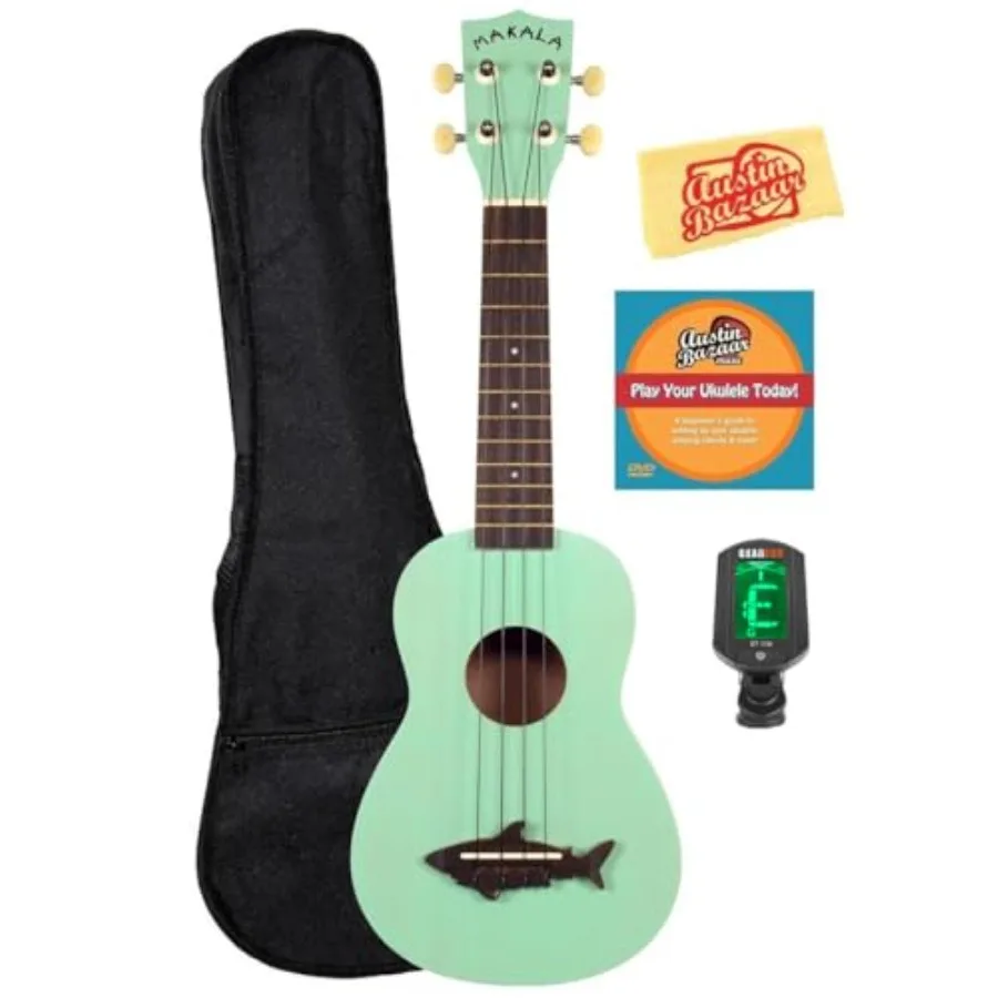 

Soprano ukulele for beginners, mahogany body, surf green finish, includes gig bag, tuner, instructional DVD, and polishing clot