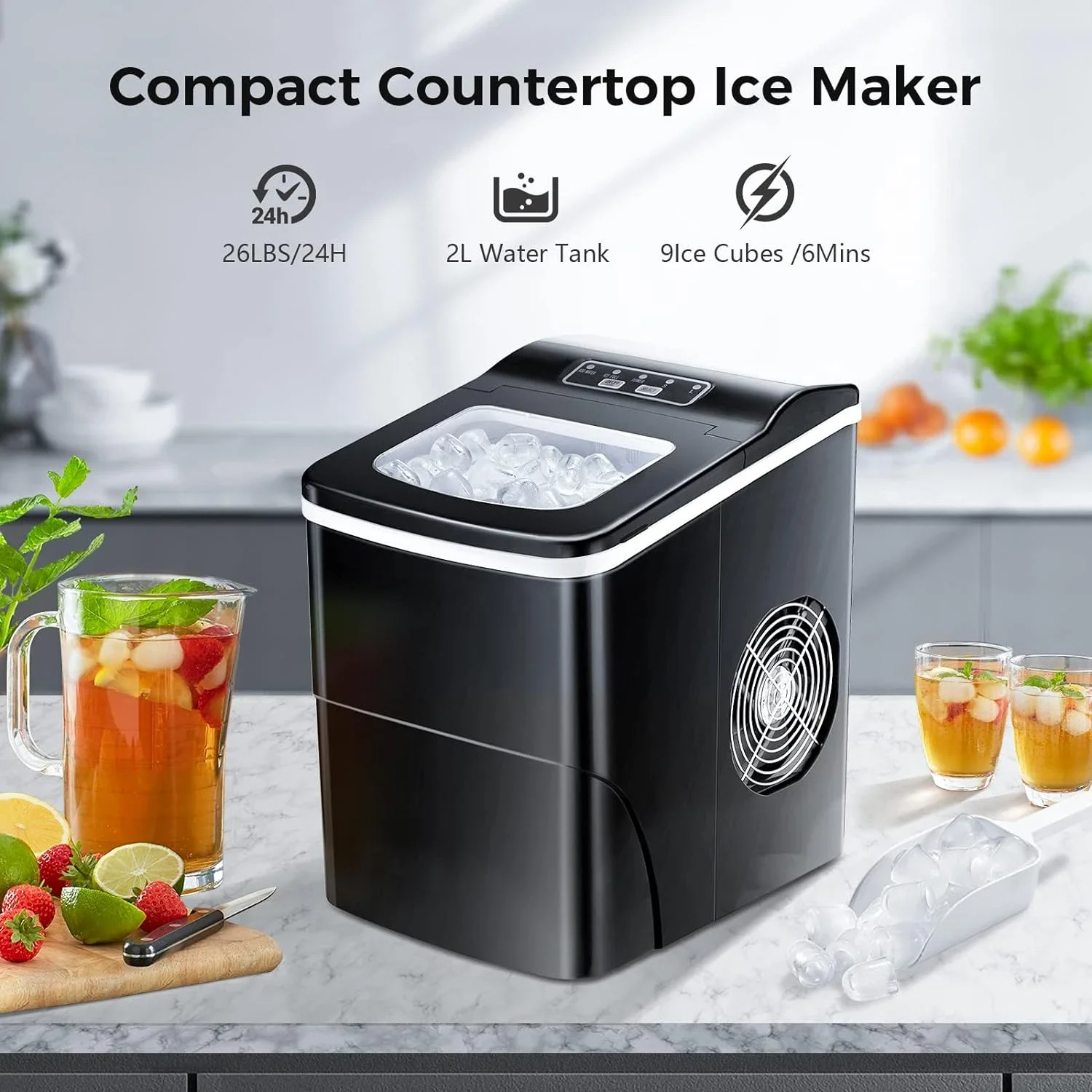 Self-Cleaning Countertop Ice Makers - Produce 26.5lbs/24hrs, Get 9 Cubes in 6~8Mins - Portable Ice Machine with 2 Sizes - Includ