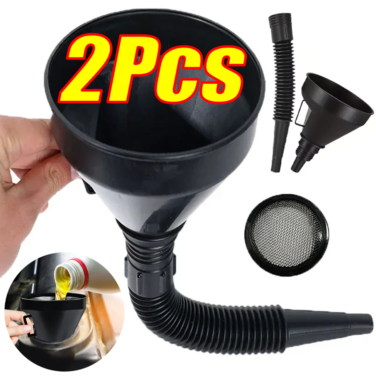 2Pcs Multifunctional Refueling Funnel with Filter Portable Car Motorcycle Gasoline Engine Oil Funnel Car Long Mouth Funnels