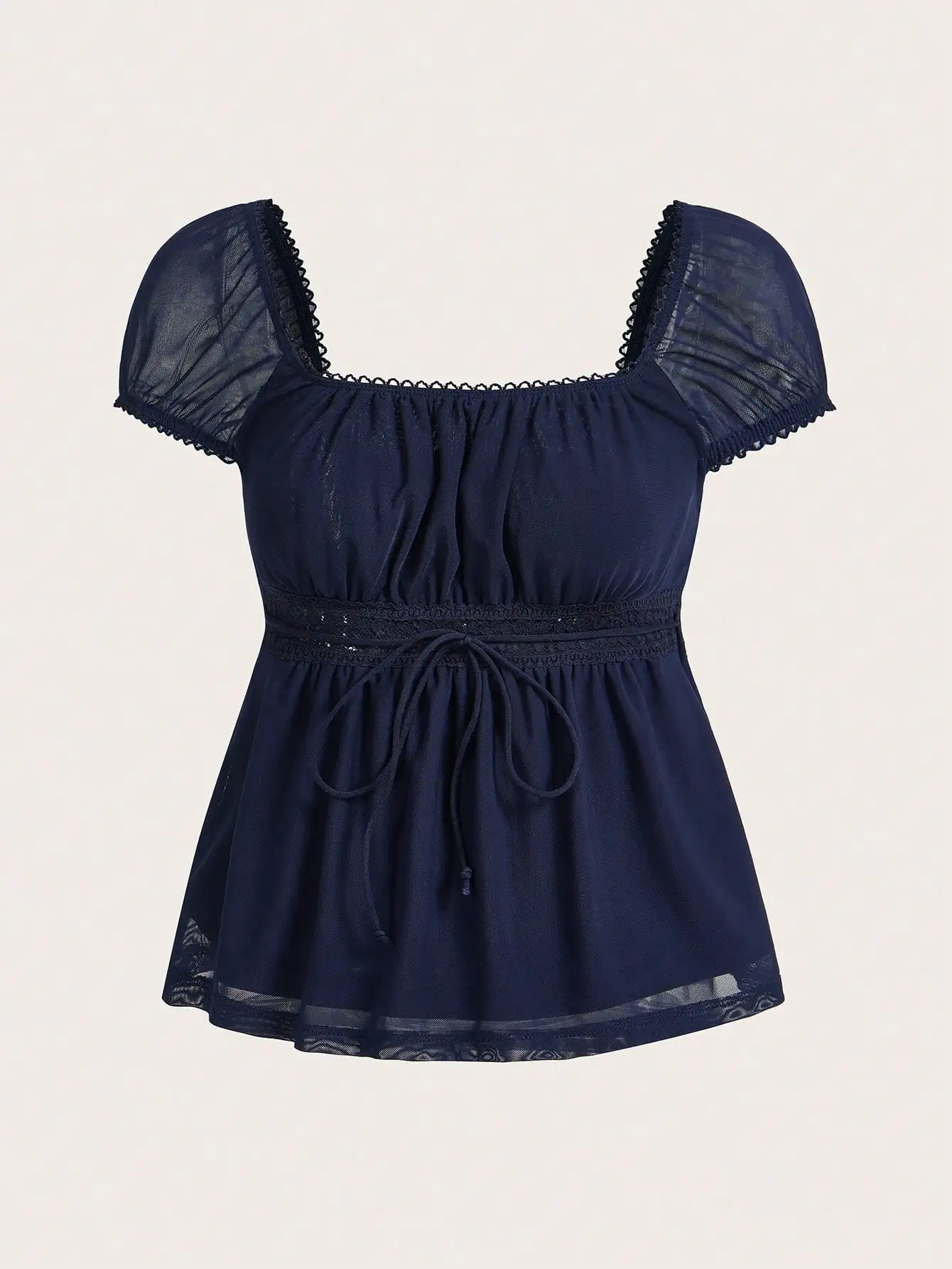 

Navy Blue Peplum Top with Square Neck, Puff Sleeves & Lace Trim for Summer