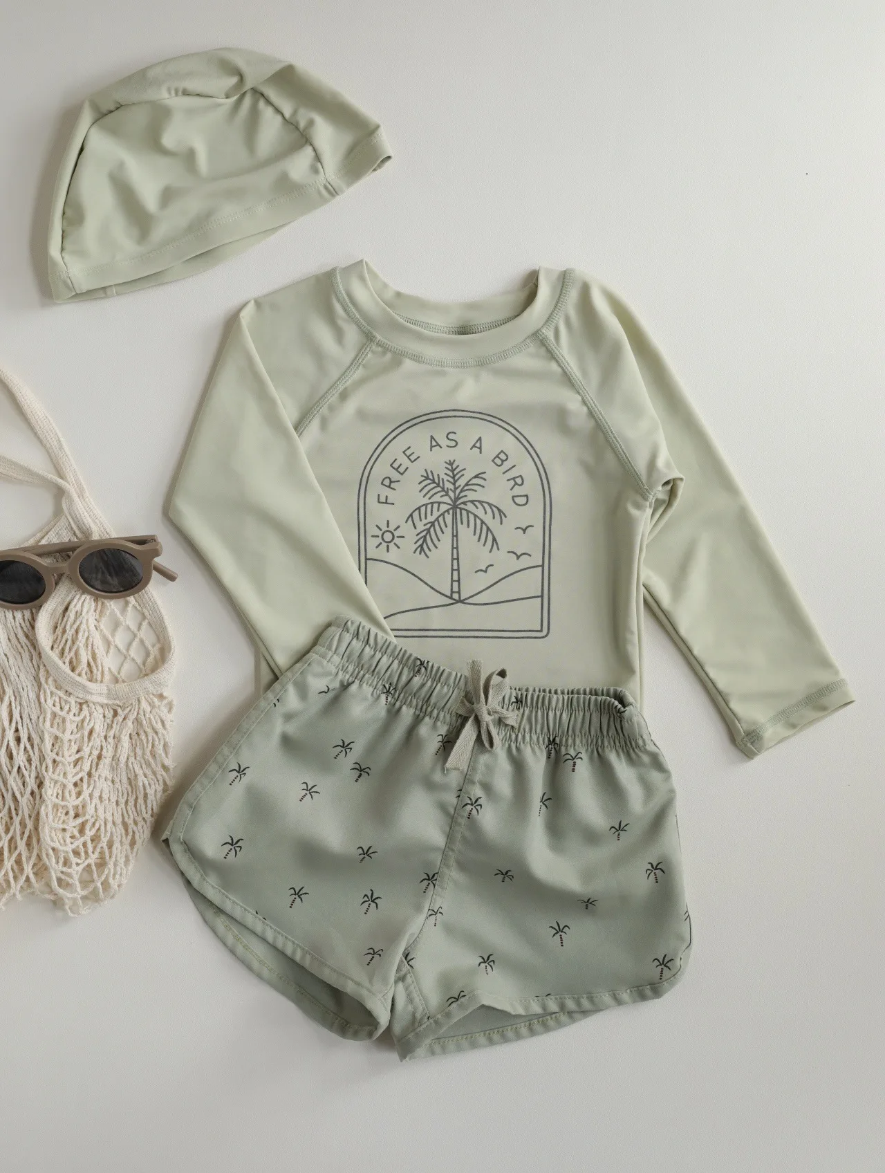 Child Two Pieces Swimsuit Summer Boys Long Sleeve Girls Swimwear Swim Trucks Printed Kids Beach Wear Bathing Suit With Swim Cap