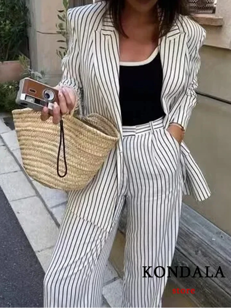 KONDALAVintage Striped Office Lady Women Suit Fashion 2023 autunno pendolare manica lunga Casual Blazer pantaloni a gamba larga a vita alta