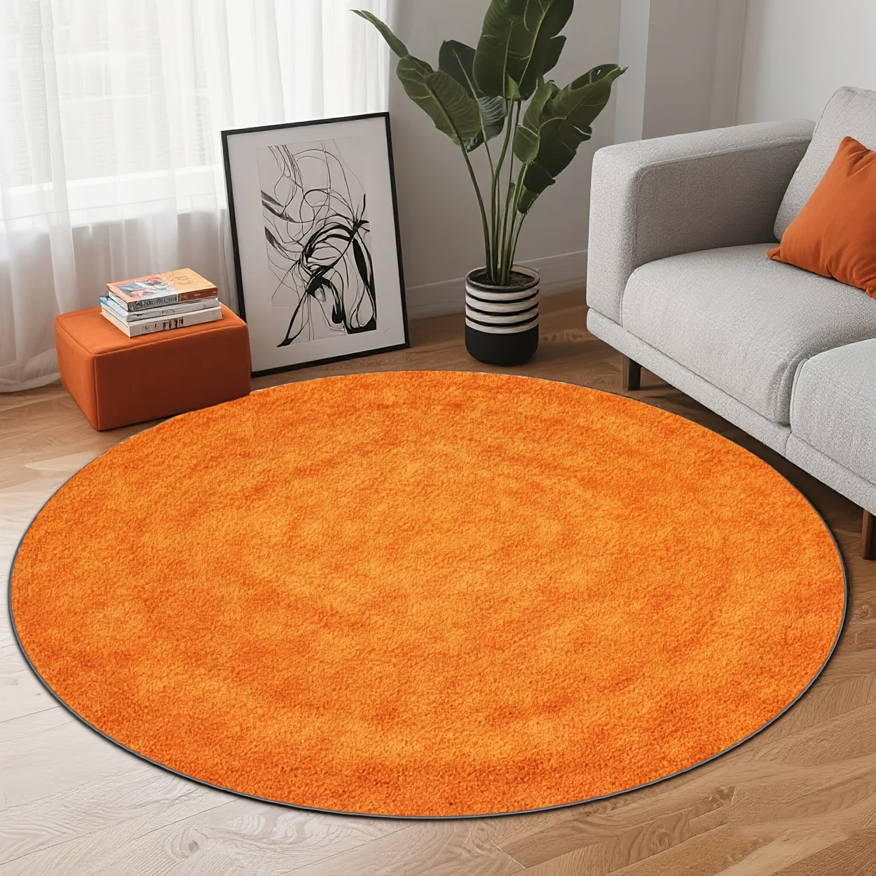 orange round carpet flannel living room modern minimalist home decor cozy floor mat soft plush area rug warm tone interiordesign