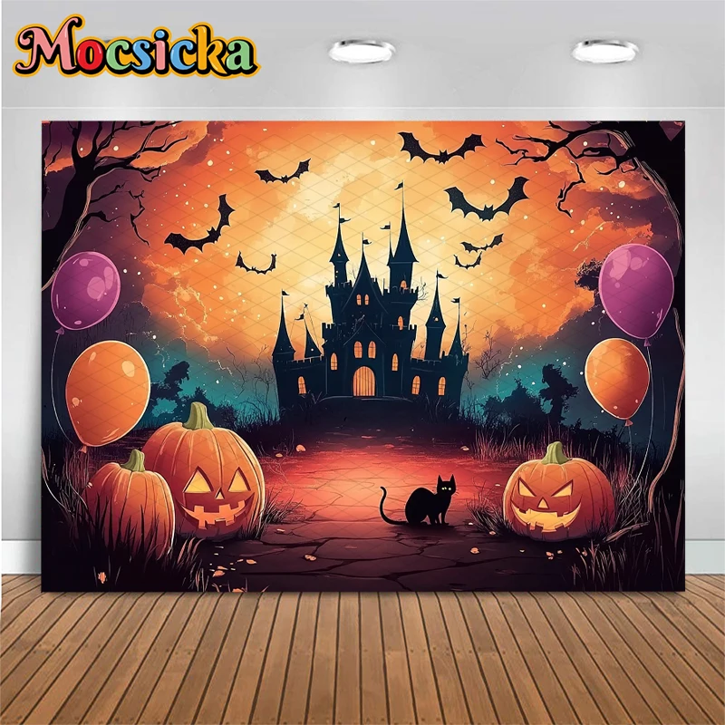 Mocsicka Halloween Photo Background Shooting Props Night Terror Castle Balloons Jack-O-Lantern Party Decors Photography Backdrop
