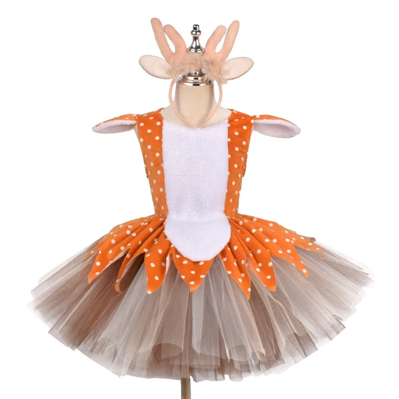 Cute Elk Tulle Tutu Skirt for Girls, Princess Dress for Holiday Party Performance, Tulle Skirt Set for Halloween Stage Show