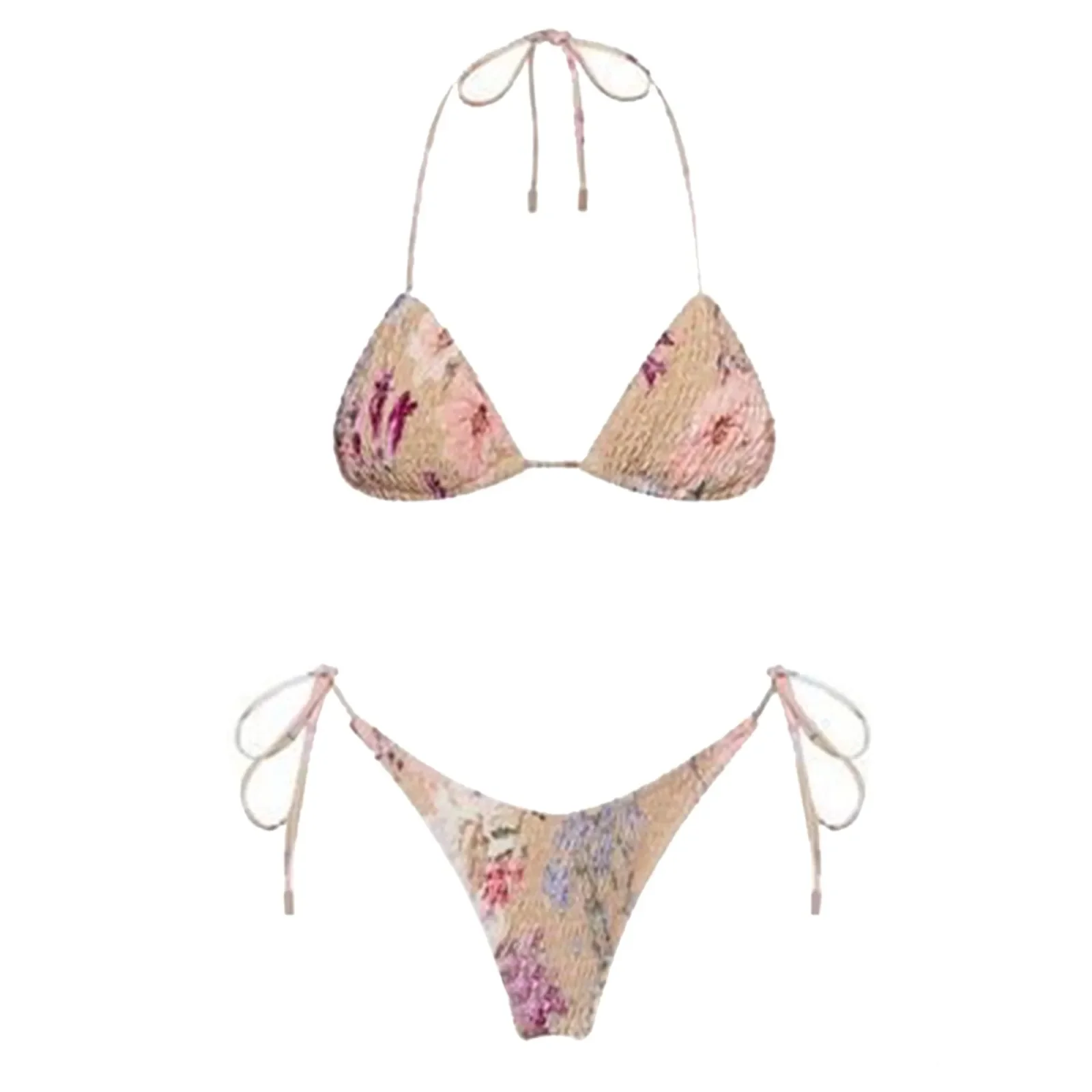 2025 Sexy Micro Bikini Side Tie Thong Two-Piece Swimwear Halter Swimming Suit For Women Floral Print Biquini Ladies Bathing Suit