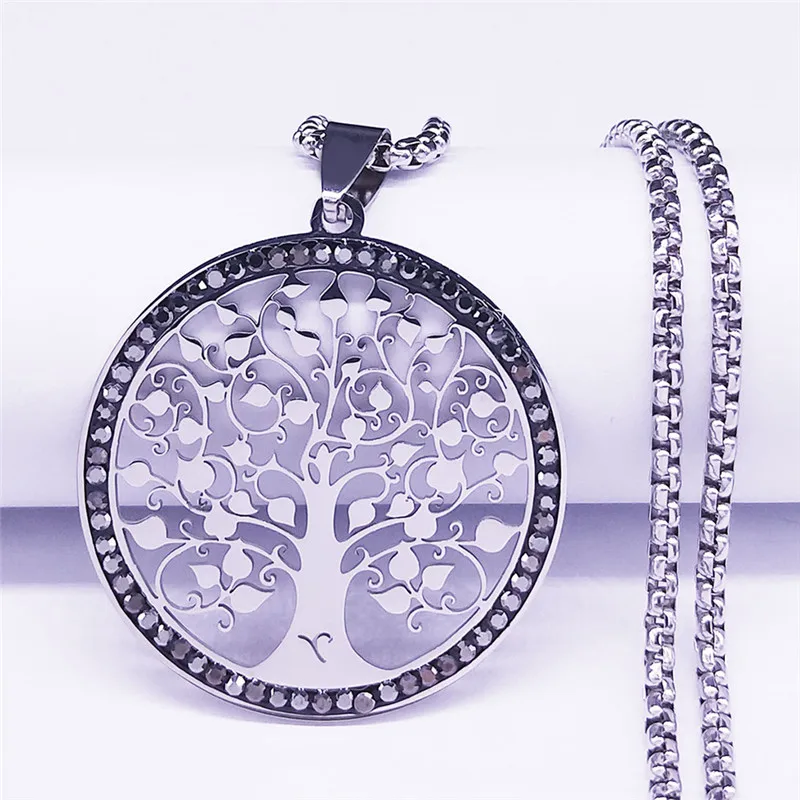 Tree of Life Stainless Steel Necklaces for Men/Wmen Blacke Crystal Pendant Necklace Jewelry arbre de vie acier inoxydable N50S02