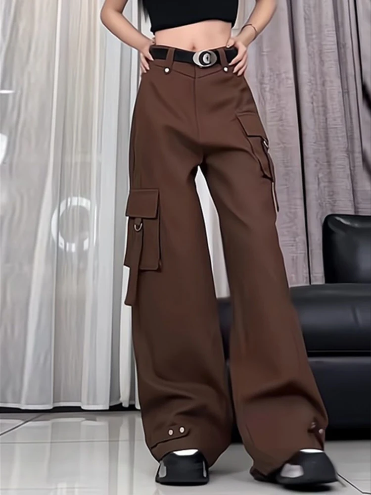 

Пикантные девушки с высокой талией, широкие брюки-карго в американском стиле, осенние новые дизайнерские нишевые универсальные брюки с поясом