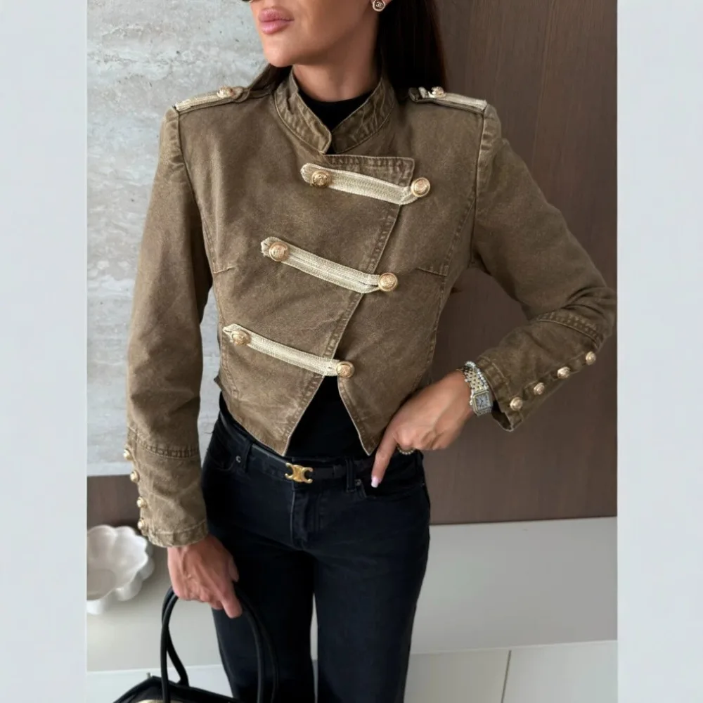 NewWomen's Jacket, New Chinese Style StandingCollar LongSleeved ButtonJacket, Short Jacket, Slim Fit Button Decoration Y2K Retro