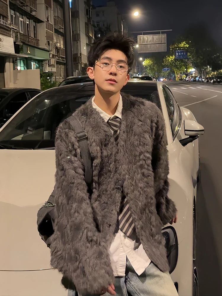 

Мужское пальто из меха Jaet с воротником из кожи и меха, осень-зима, теплое повседневное однотонное пальто свободного покроя