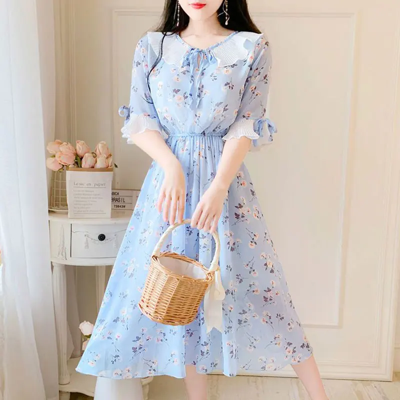 

Women's Summer Fashion Simplicity Printing Doll Collar Short Sleeve Chiffon Dresses Women Clothes Casual Temperament Long Dress