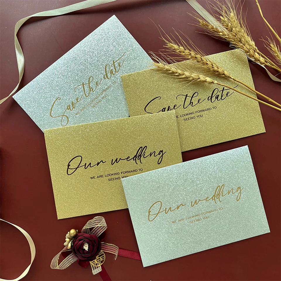 Luxury Champagne Custom LOGO Glitter Pocket Fold Envelope for Wedding Invitation Shiny Gift Packing Gold Foil Printing