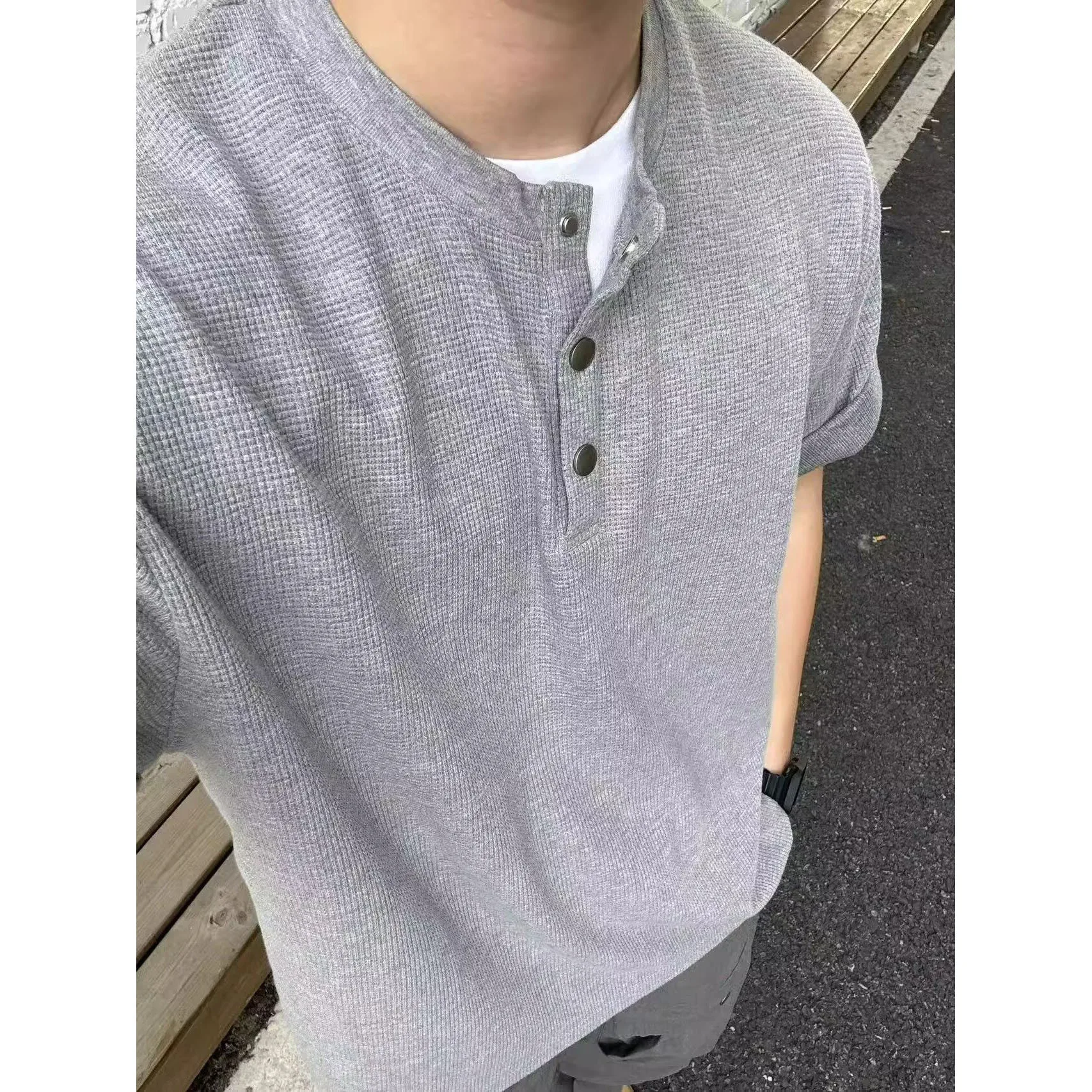 Summer Waffle Henley Ice Silk Breathable Premium Short Sleeve T-Shirt Men's Business Casual Streetwear Top