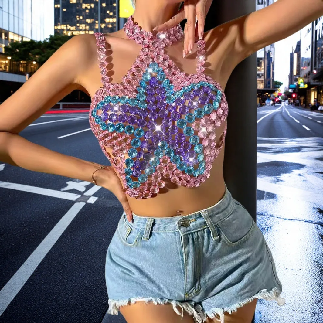 2026 European And American Cross-Border Gemstone Splicing Sexy Contrasting Backless Vest Nightclub Women'S Clothing