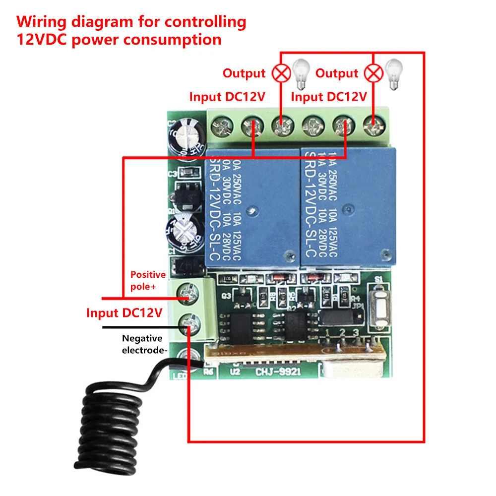 DC 12V 2CH Relay Receiver Wireless Remote Control Switch Module 433Mhz Remote Controller RF Wireless Remote Switch