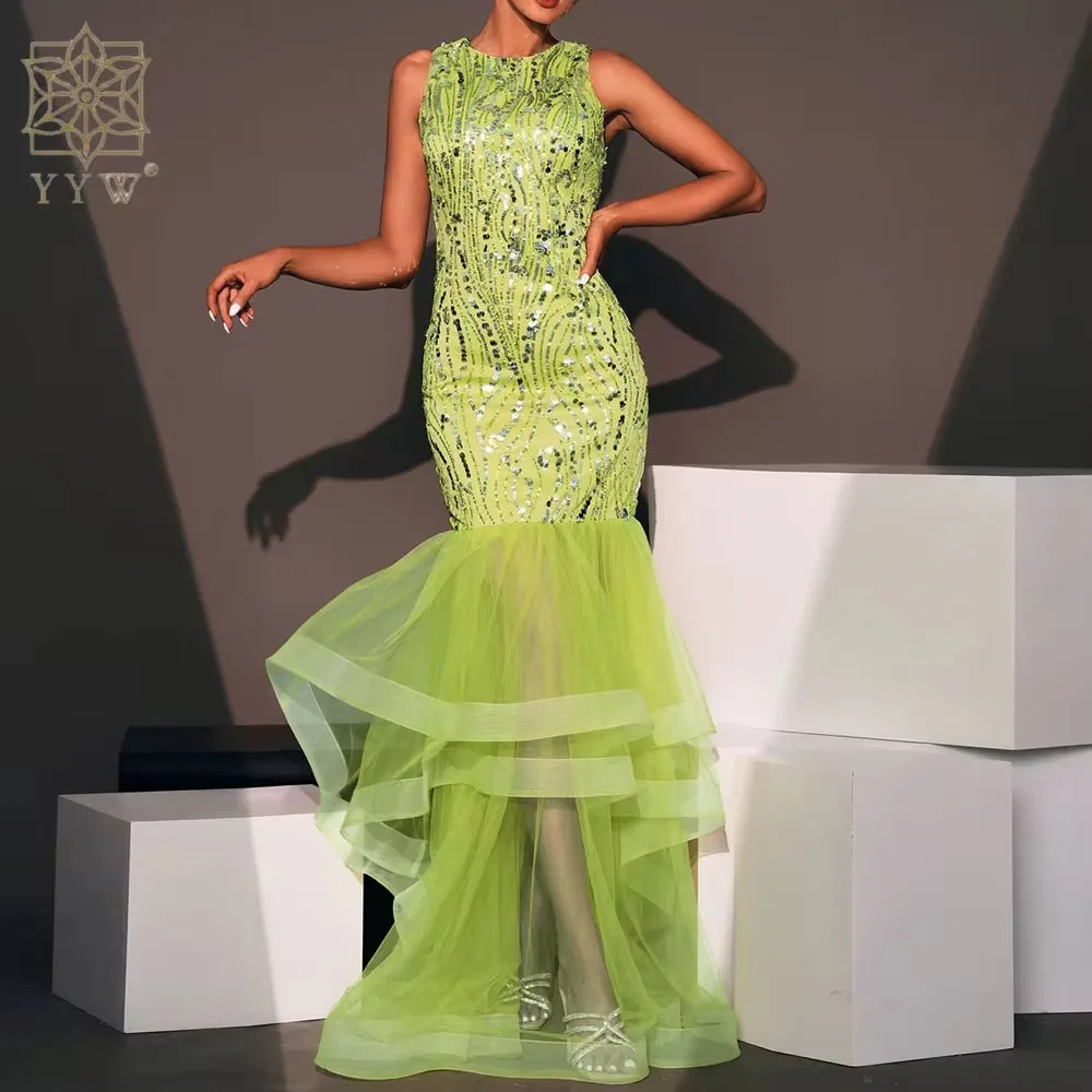 Sexy Backless Green Sequin Summer Dress Prom Dress 2024 Women Elegant Luxury Fishtail Dress Long Party Evening Dresses Vestidos