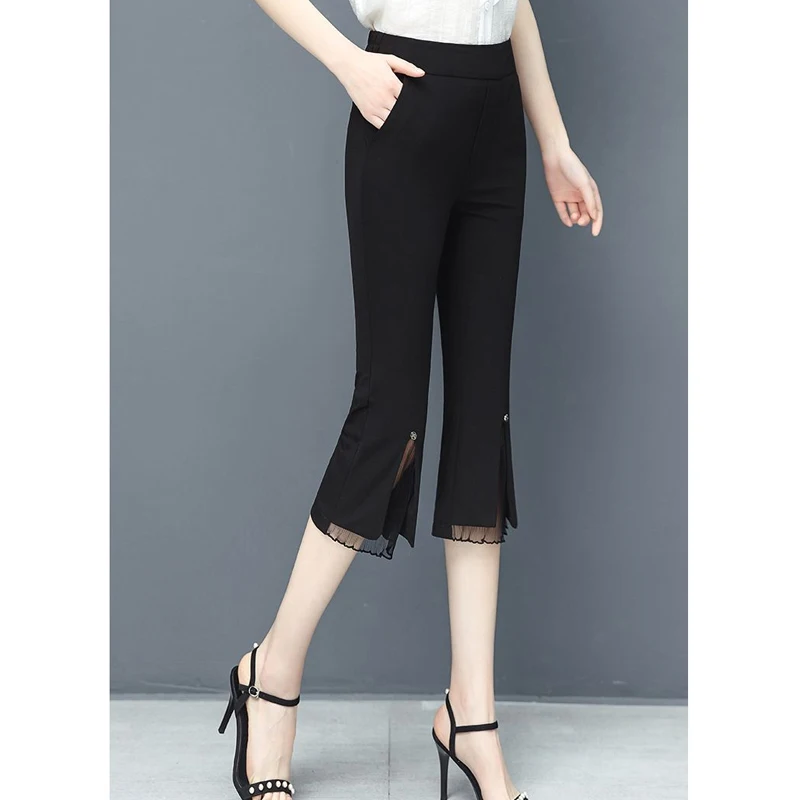 Summer New High Waist Thin Split Hem Cropped Pants Solid Color Slim All-match Calf Length Pants Casual Fashion Women Clothing