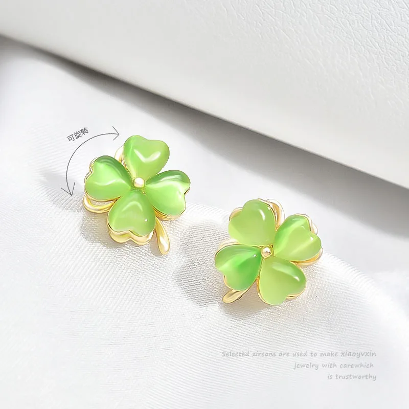 LUCKY99 New Trendy Rotating Lifelike Green Four Leaf Clover Earrings For Women Luxury Lucky Love Gold Color Earing Jewelry Gift