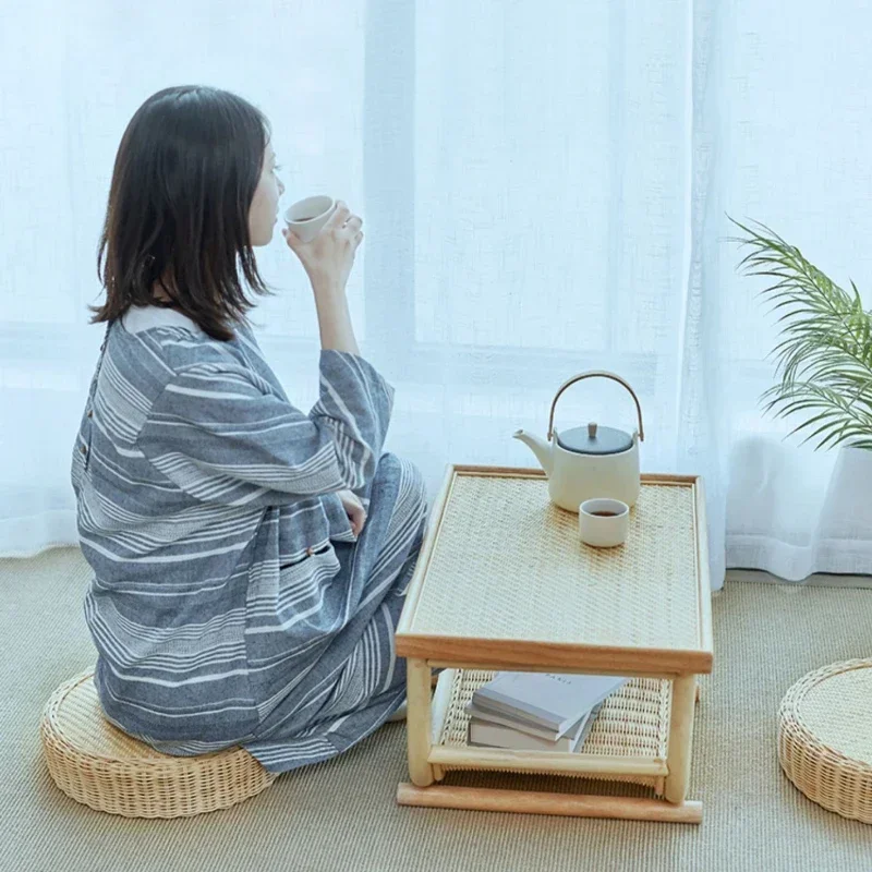 Japanese Bay Window Side Table Solid Wood Rattan Woven Low Tables Bedroom Floor Tatami Desk for Small Space Apartment Furniture