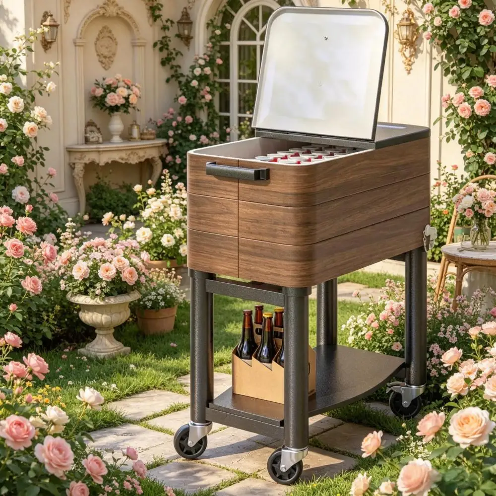 Wheeled Rolling Outdoor Cooler Cart, Portable Beverage Chill Station, Multi-function Drink Storage Hub for Backyard BBQ Pool Beach Patio Party & Outdoor Gathering