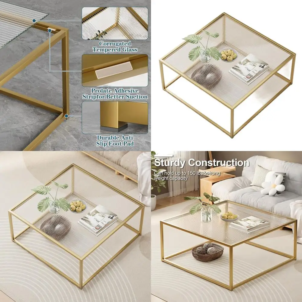 

Modern Minimalist Glass Coffee Table with Metal Frame for Living Room, Easy Assembly, 26.4x26.4x15.7 Inches, Gold
