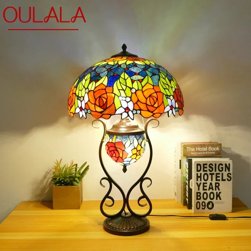 

OULALA Tiffany Table Lamp American Retro Living Room Bedroom Lamp Luxurious Villa Hotel Stained Glass Desk Lamp