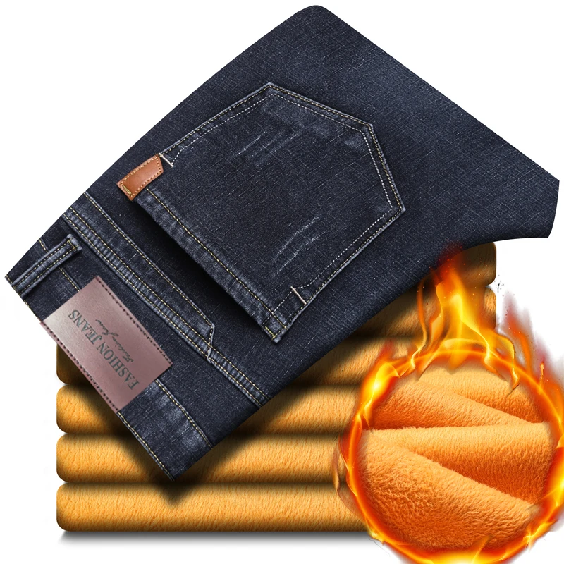 Winter Thermal Warm Flannel Stretch Jeans Mens Winter Quality Famous Brand Fleece Pants Straight Flocking Trousers Denim Jeans