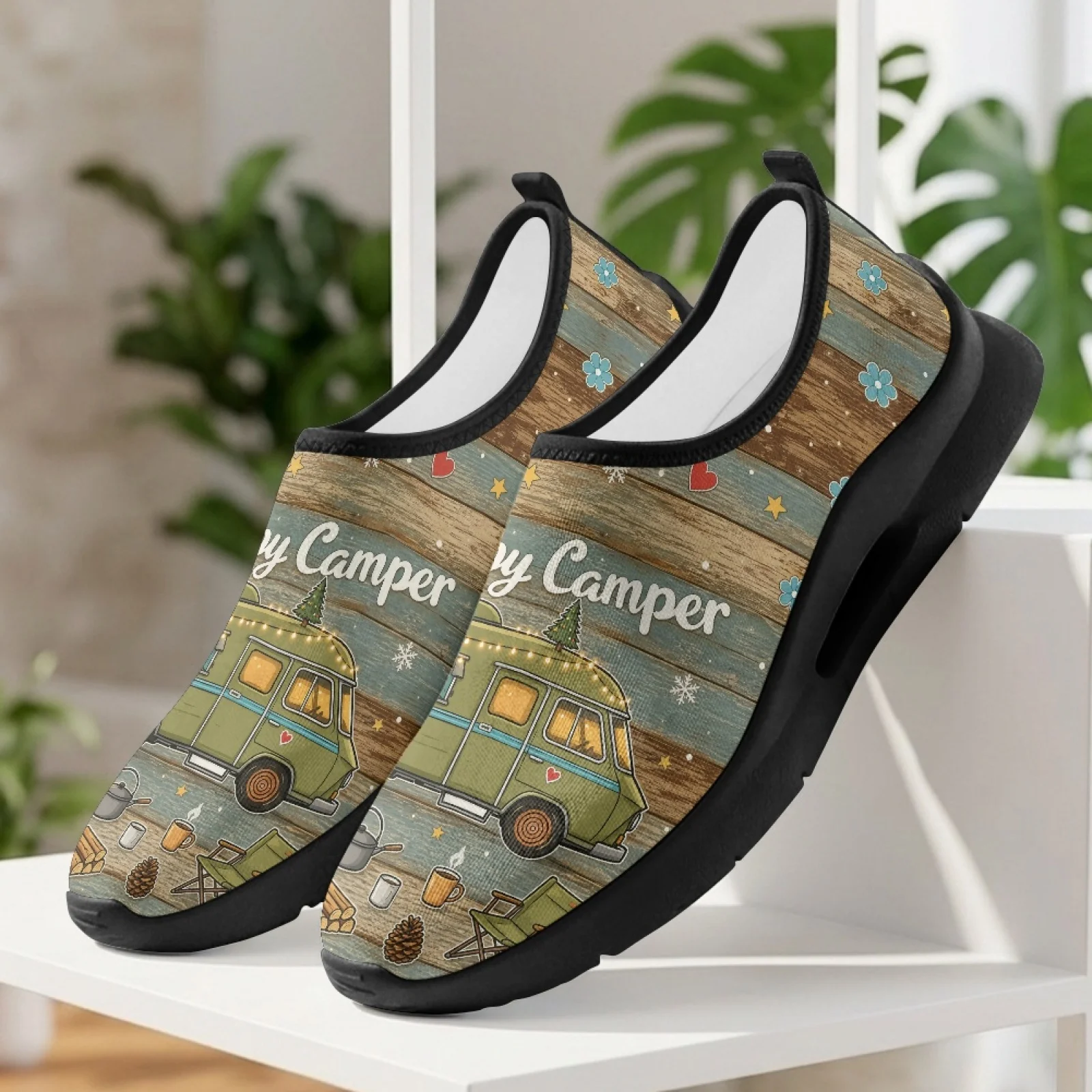 PENSTROLL Comfortable Slip on Casual Flat Lightweight Breathable Walking Sneakers for Adult Men Happy Camping RV Print
