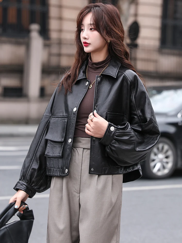 Schwarz Koreanische Leder Jacken Frauen Winter Fashion Dachte Taste Moto Biker Jacke Weibliche Streetwear Taschen Lose Beiläufige Mäntel