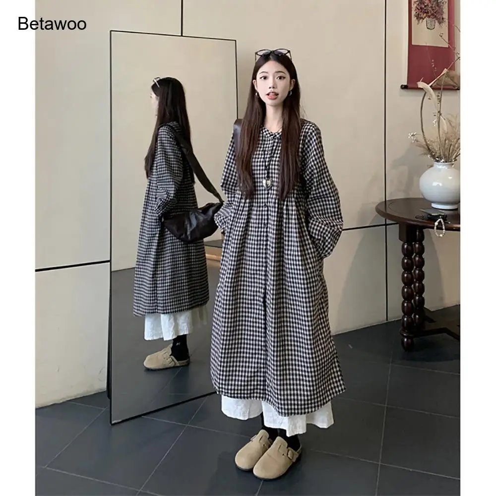 Oversized Check Print Crew Neck Dress Women Long Sleeve Casual Swing Dress