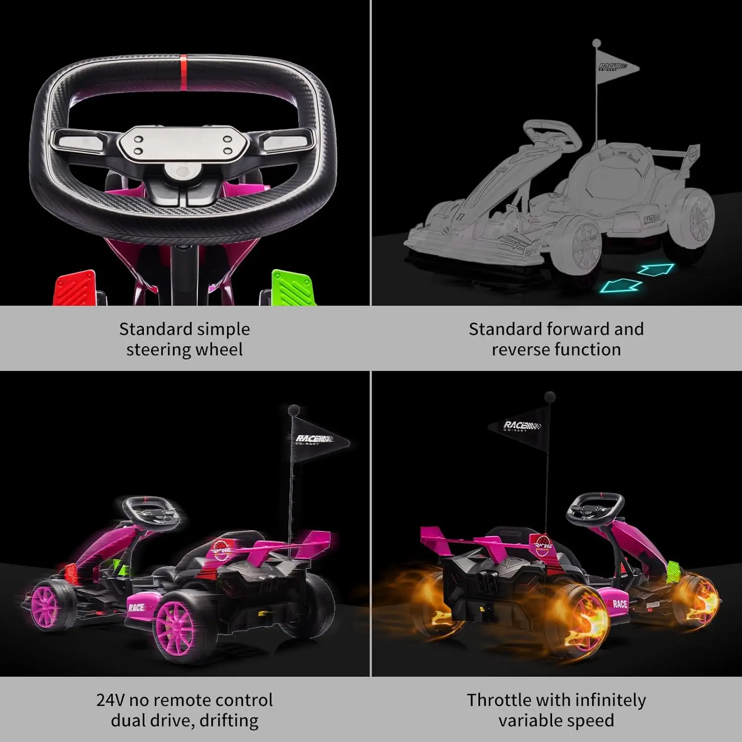 24V Electric Ride on Car Toy Drift Kart for Kids with Adjustable Seat & 8.5MPH Speed EVA Silent Wheels Parent-Safety Certified