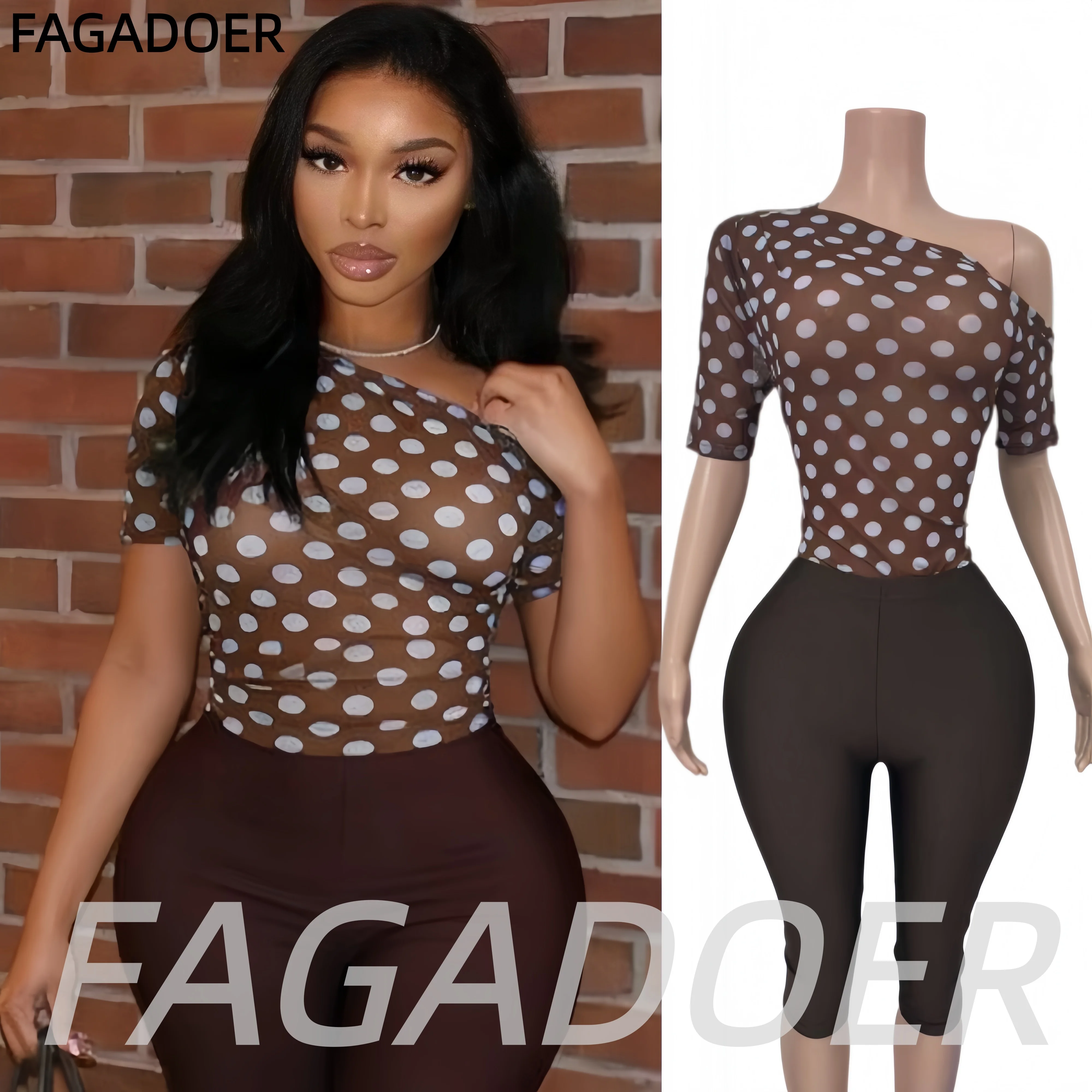 FAGADOER Polka Dot Mesh Two Piece Sets One Off Shoulder See Through Bodysuits Tops and Bodycon Shorts Outfits Streetwear Suits