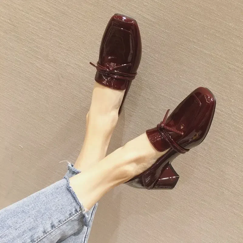 Square Toe with Medium Heels Normal Leather Casual Woman Footwear Block Heel Shoes for Women Chunky Loafers Black E Wholesale 39