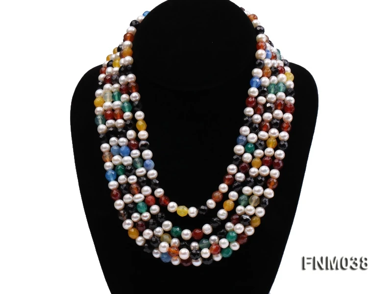 Terisa Pearl Jewelry 5 strand White Freshwater Pearl and Colorful Agate Necklace for Women T-FNM038