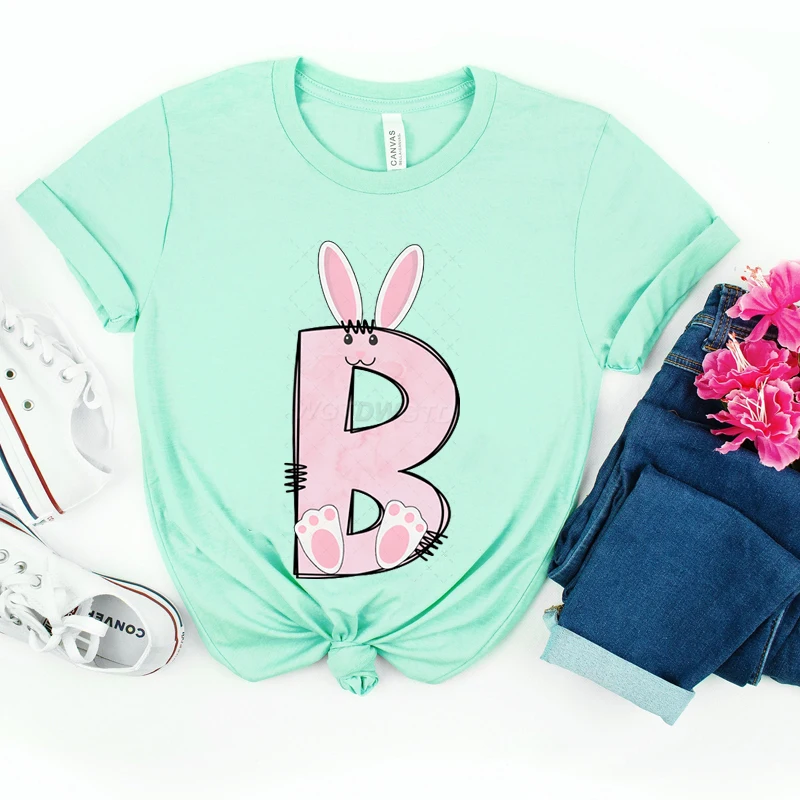 Cute Bunny Letter Graphic Easter Shirt for Women A-Z 26 Alphabet T-shirts Cartoon Designs Cute Rabbit Easter Matching Tee Tops