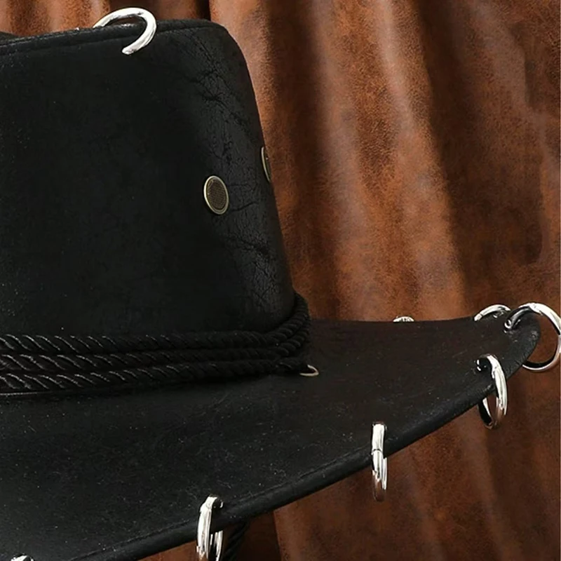 Vintage Faux Leather Western Cowboy Hat Adjustable PU Leather Travel Men Women Fashion Cowgirl Bullhead Badge Outdoor Jazz Hats 6