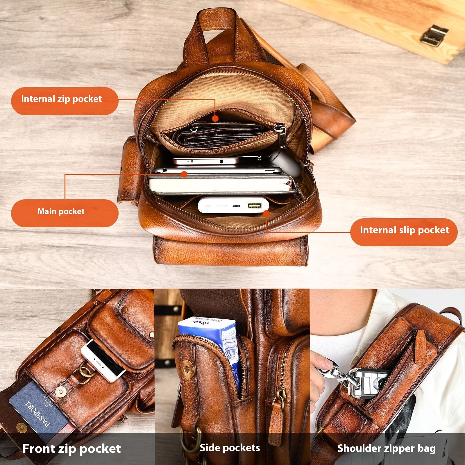 Handmade Vintage Men's Chest Bag with Genuine Leather and Cowhide