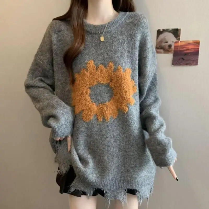 

Sweater Knitwear Women's Loose Lazy Style Floral Fleece Knitted Sweater Women Autumn Winter Plus Size Thickened Distressed