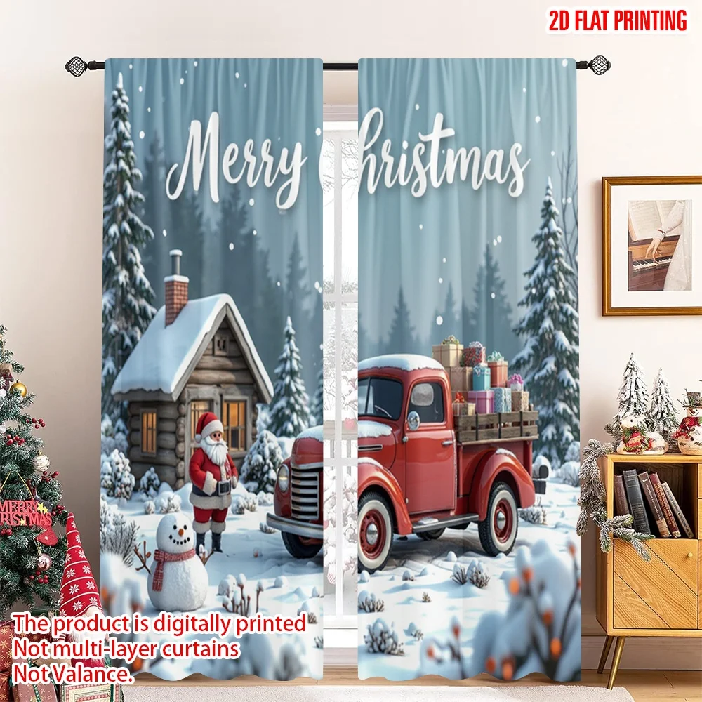 

2pcs 2D flat printing Merry Christmas Popular Curtains Merry Christmas Santa Snowman Truck Gifts 100% Polyester Without
